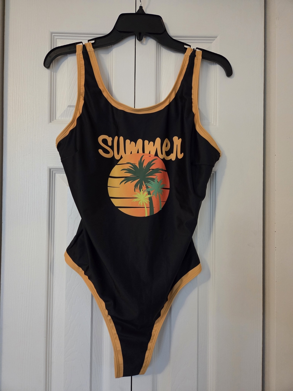 "Summer" Palm Tree Black One-Piece Swimsuit with Orange Trim